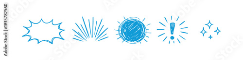 Set of hand-drawn blue comic elements featuring speech bubbles, sunbursts, an exclamation mark, and sparkle stars in a playful doodle style.