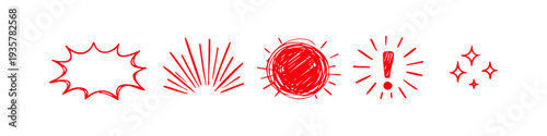Red hand-drawn comic elements, speech bubbles, sunbursts, exclamation marks, and sparkles. Vector doodle illustration set for highlights and accents.