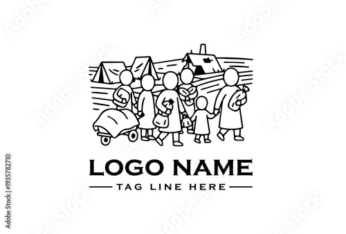 A line drawing illustration depicting a civil evacuation scene with people and a car in a chaotic outdoor setting with buildings.