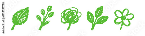 Set of hand-drawn green leaf and flower sketches on a white background. Minimalist eco-friendly nature icons in a textured crayon style.