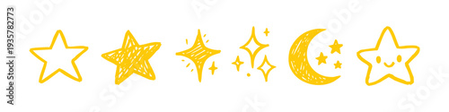 Hand-drawn set of yellow stars and crescent moon doodles. Whimsical celestial icons including sparkles and a cute smiling star character.