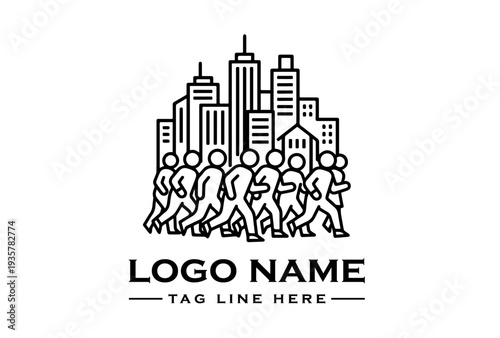 A line drawing of people participating in a civil evacuation scene in an urban setting with a cityscape background.