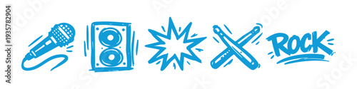 Hand-drawn blue rock music doodle icons featuring a microphone, speaker, drumsticks, and 'ROCK' typography on a white background.