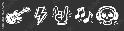 Hand-drawn rock and roll music doodles with electric guitar, lightning bolt, rock hand gesture, musical notes, and skull with headphones.