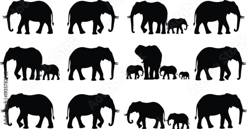 Elephant silhouettes collection with adult and baby calf, wild African animals in walking poses black vector illustration isolated on white background