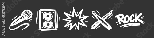 Rock and roll music icons set with microphone, speakers, drumsticks, and burst bubble in a sketchy hand-drawn style on a dark background.