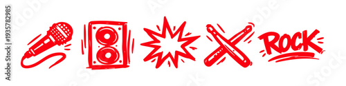 Red hand-drawn rock music icons including a microphone, speaker, drumsticks, and the word rock. Energetic doodle style on a white background.