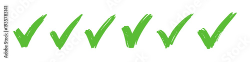 Set of hand-drawn green checkmarks, marker brush style. Symbols of success, approval, checklist completion, and positive results on white background.