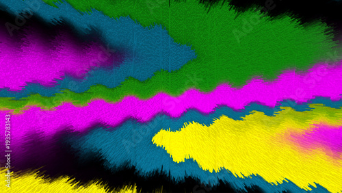 Abstract vibrant background with jagged wave bands in teal green magenta yellow black blue, dynamic layered motion, and modern geometric layout