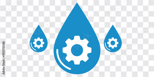 Water Drop Gear Mechanism Blue Vector Illustration, Water Drop with Gears Icon Technology Symbol