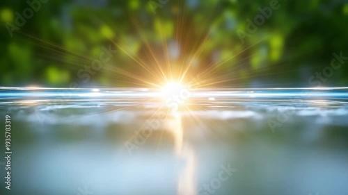 The Sun Kissed Horizon:  A breathtaking view of the radiant sun emerging over a calm sea, casting a shimmering light on the tranquil water and surrounding nature.