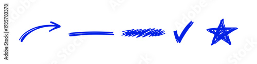Set of hand-drawn blue marker icons: arrow, underline, scribble, checkmark, and star. Isolated on a white background for creative design projects.