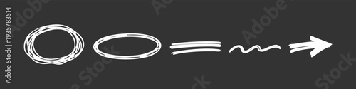 Set of hand-drawn white chalk elements on a dark background including scribbles, ovals, lines, and an arrow for creative design and presentations.