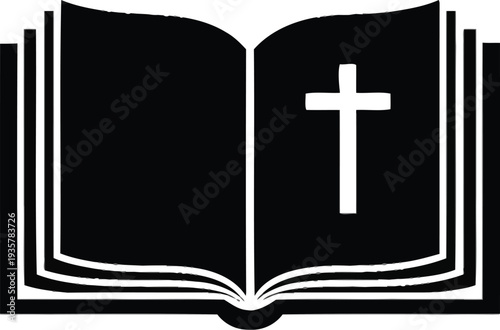 Silhouette of an open bible with a cross on the right page