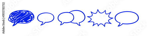 Set of blue hand-drawn speech bubbles and doodle chat icons on white background, including scribble, shout, and dialogue boxes.