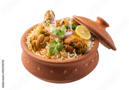 Traditional Indian biryani rice with chicken and vegetables in clay pot isolated on transparent background