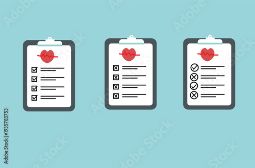 Medical Checklist Clipboard Icons with Heartbeat ECG Symbol and Health Assessment Report Illustration
