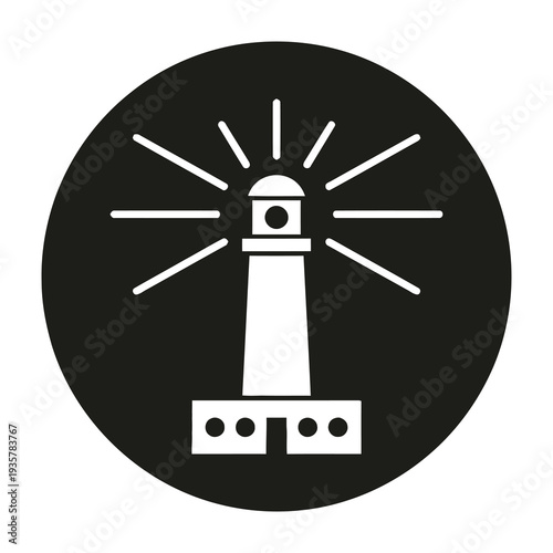 Lighthouse icon emits bright light rays on dark circular background