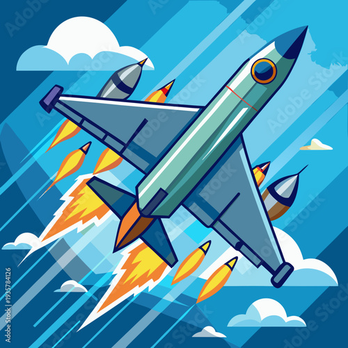 Military jet soaring through sky with afterburners blazing fast