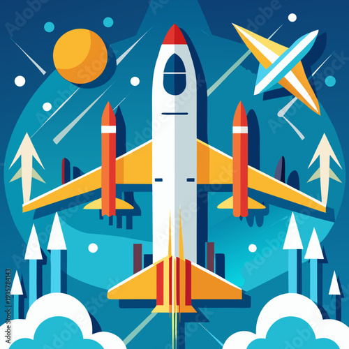 Stunning rocket ship soaring through vibrant sky with stars and clouds