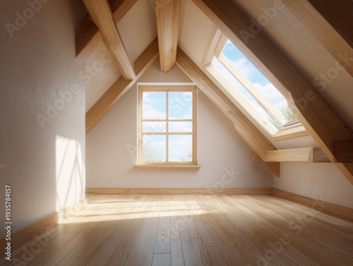 Sunlight streams through attic windows and skylight. Wooden beams frame the sloped roofline. Light-colored floors reflect warm, natural tones. Simple walls and window frames enhance serene ambiance