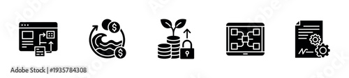 Set of five black glyph icons for business and finance, including symbols for cash flow, secure investment growth, workflow diagrams, smart contracts, and web user interface