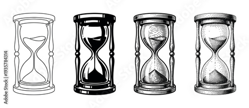 Set of four vintage hourglasses illustrated in different artistic styles including line art, silhouette, engraving, and stippling for a classic, timeless concept