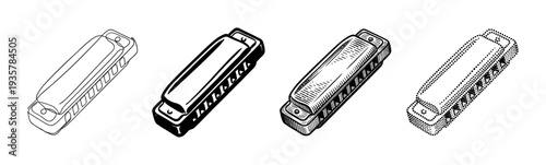 Four black and white harmonica illustrations in a collection showing various graphic techniques like outline, solid silhouette, detailed engraving, and dotted stippling