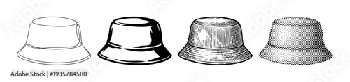 Set of four bucket hat illustrations showcasing different artistic styles from simple line art and bold ink to detailed engraving and retro halftone dot patterns in a monochrome design