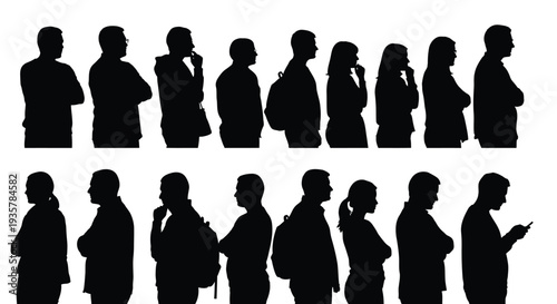 Diverse people standing in line in profile, a versatile vector illustration for various concepts.
