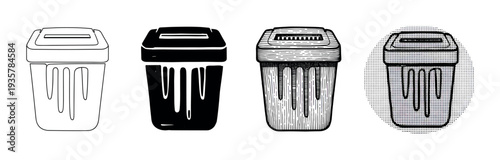 Four black and white trash can icons in a row showing different graphic design styles including outline, silhouette, engraving, and halftone dot pattern for waste management concepts