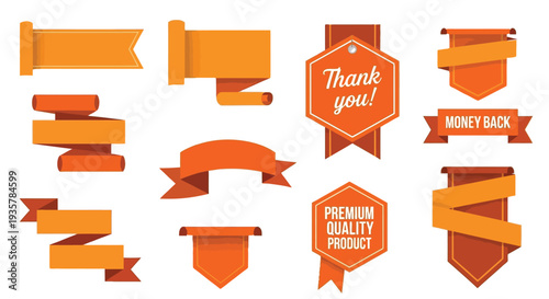 Vector graphic illustration set of various orange and brown banners, ribbons, and labels with flat design.