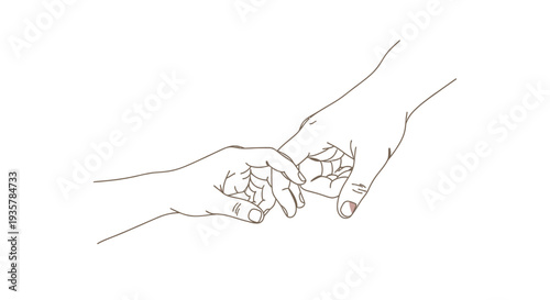 Minimalist continuous line art vector illustration of two hands gently holding pinky fingers together