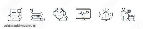Set of medical ventilator line icons showing equipment for respiratory therapy and patient care, including a breathing machine, mask, tube, heart monitor, and alarm symbol