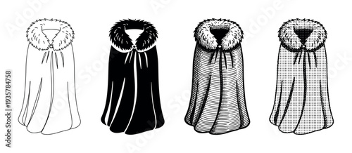 Four medieval fantasy cloaks with fur collars in a collection of different graphic illustration styles, including line art, silhouette, engraving, and halftone dot pattern