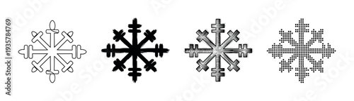 Collection of four black snowflake icons showcasing different graphic design styles like clean line art, grunge brushstroke, hand-drawn hatching, and pixelated dot art
