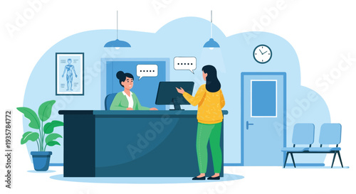 Vector illustration of a patient interacting with a friendly receptionist at a modern medical clinic desk