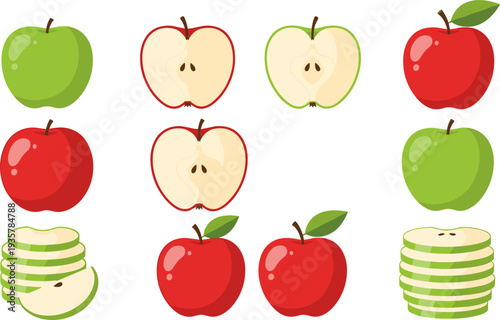 Apple Icon Set Featuring Whole Apples, Halved Apples and Apple Slices in Red and Green for Fresh Fruit Design and Healthy Food Illustration