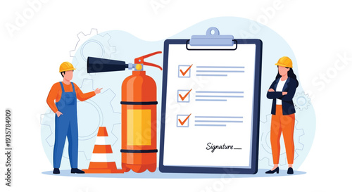 Professional safety inspectors reviewing fire prevention and occupational health regulations on a comprehensive checklist illustration.