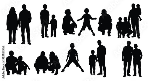 A collection of black vector silhouettes illustrating various family groups, adults, and children interacting together.