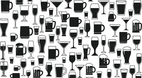 Seamless vector graphic illustration showcasing a diverse collection of drinking vessels and bar glassware silhouettes