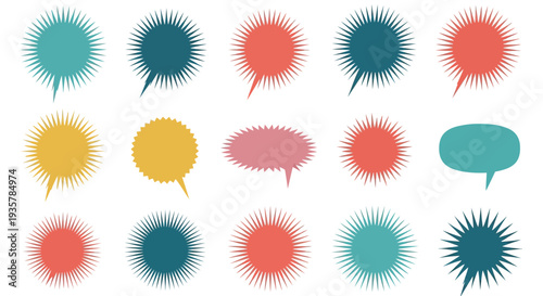 Collection of colorful starburst speech bubble vector illustrations in various retro comic book styles