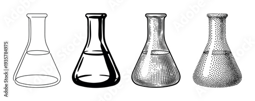 Four chemical laboratory flasks illustrated in different artistic styles including line art, graphic silhouette, vintage engraving, and modern stippling for a science concept