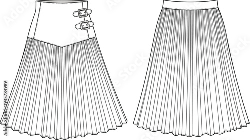 White pleated midi skirt technical fashion sketch with buckle details, high waisted flared bottom cad drawing flat vector illustration, clothing template