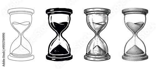 Four black and white hourglass illustrations set in different artistic styles including one-line art, bold ink, engraving, and stippling, showing the concept of passing time