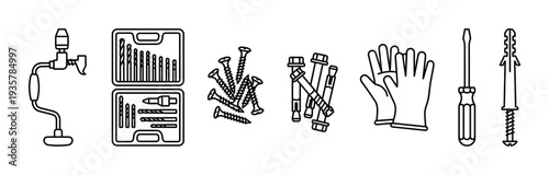 Various construction and repair tool icons drawn in a simple black outline style, featuring a brace drill, drill bit set, screws, bolts, work gloves, and a wall anchor