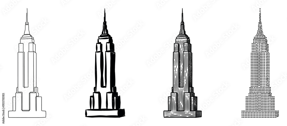 Fototapeta premium Set of four famous skyscraper illustrations showing different artistic styles, including minimalist line art, a rough sketch, detailed engraving, and a dotted pointillism design