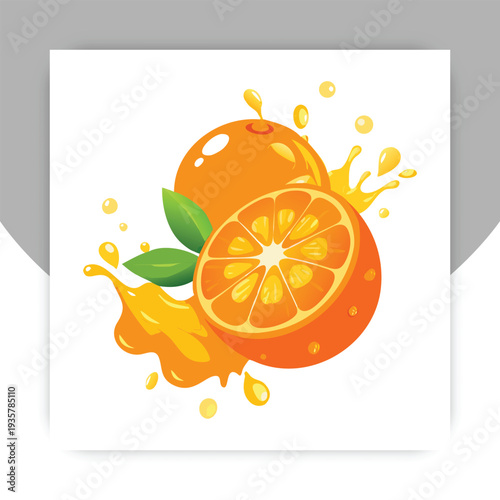 Fresh Orange Fruit Splash Vector Illustration with Slice and Juice Burst on White Background,