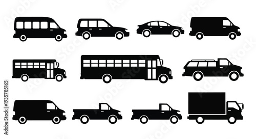 Collection of black silhouette vector illustrations depicting various common road transportation vehicles and utility trucks.