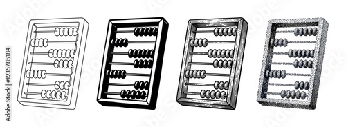 Set of four abacus illustrations showing different graphic styles from simple line art and silhouette to detailed engraving and stippling for a retro feel